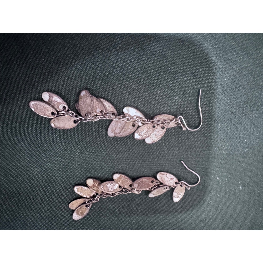 Silver Tone Textured Leaf Dangle Drop Earrings Boho Cascading Chain Fringe